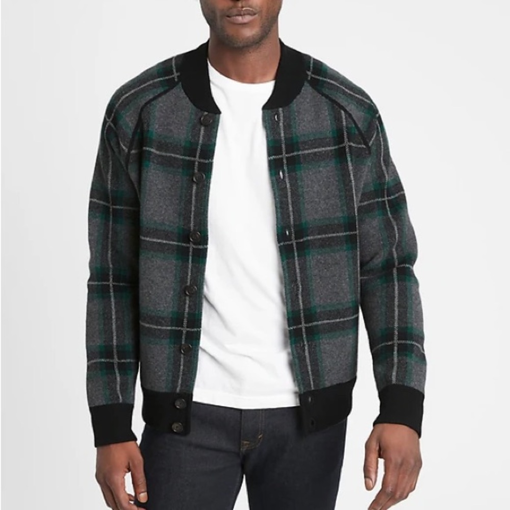 Banana Republic Italian Yarn Knit Glen Plaid Sweater Bomber Jacket